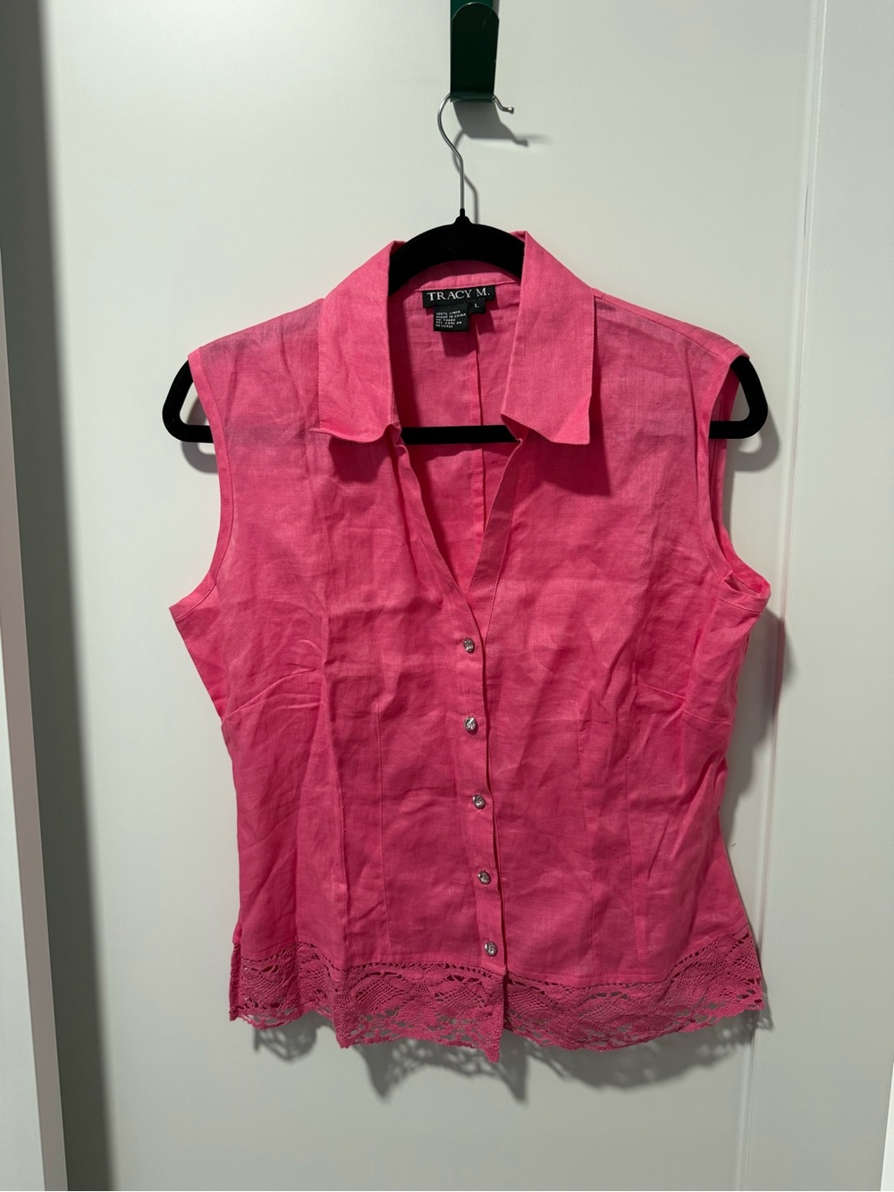 Tracy M Hot Pink Sleeveless Button-Front Linen Blend Top